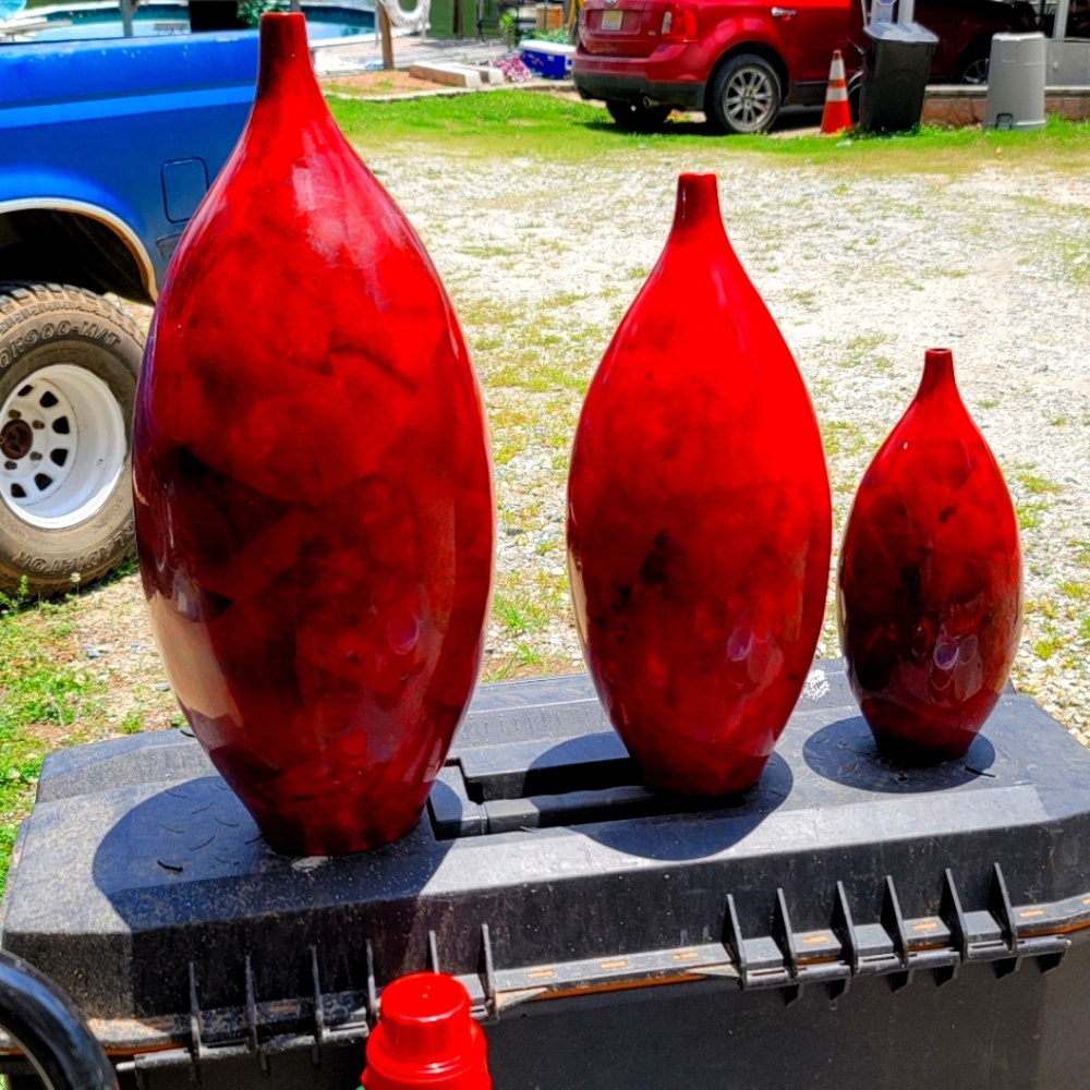Set of 3 Red Penn Shell Shawn Vases ((Rare))15" 11"  tall by Shawna Stoney